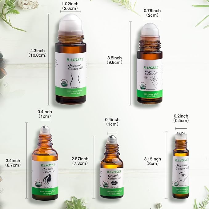 5 Pcs Castor Oil Roll on Set, Certified Organic Castor Oil Rolling for Skin Waist Back Leg Lip Eyebrow Hair, Cold Pressed Essential Oil in Glass Bottle