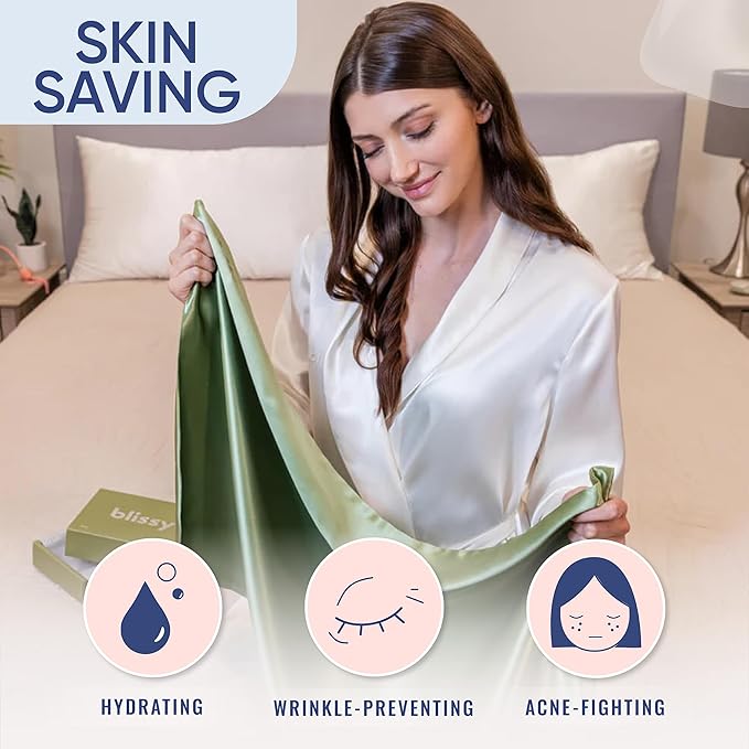Blissy Silk Pillowcase - 100% Pure Mulberry Silk - 22 Momme 6A High-Grade Fibers - Silk Pillow Cover for Hair & Skin - Regular, Queen & King (Olive, Standard)