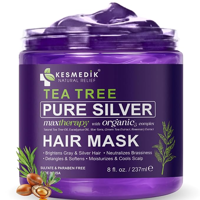 Tea Tree Purple Hair Mask Toner with Argan Oil, Deep Conditioner for Dry Damaged Bleached, Blonde White & Gray Hair, Relieves Itchy Scalp, Removes Brassy & Yellow Tones | Hair Mask Toner, Deep Conditioner, Gray Hair Care, Blonde Hair Care, Bleached Hai...