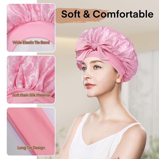 Arqumi 2 Pcs Satin Silk Bonnet for Sleeping Women, Large Long Strap Tie Band Adjustable Sleep Night Cap Curly Hair Bonnet Wrap for Braids Mother Girls Gifts, Black + Pink(Large, Polka Dot Pattern)