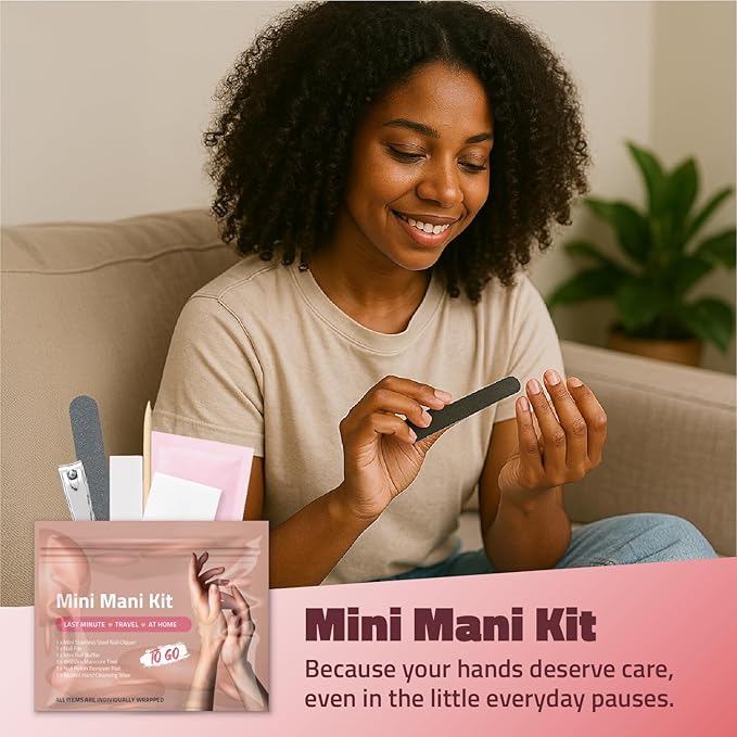 Mini Mani Kit – Disposable Manicure Set with Nail Clipper, File, Buffer, Cuticle Stick & Polish Remover Pad – Compact One-Time Use Nail Care Kit for Travel, Purse, Desk, or Car (Peach)