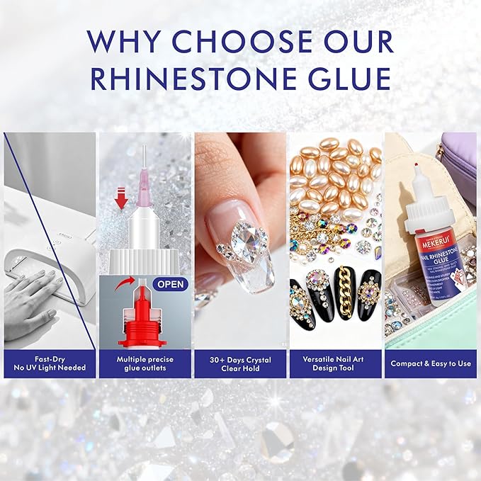 Quickly Dry Rhinestone Glue for Nail – No UV Needed – Precision Dropper + Needle – 30+ Days Clear Hold – Nail Art Rhinestones Design Tools