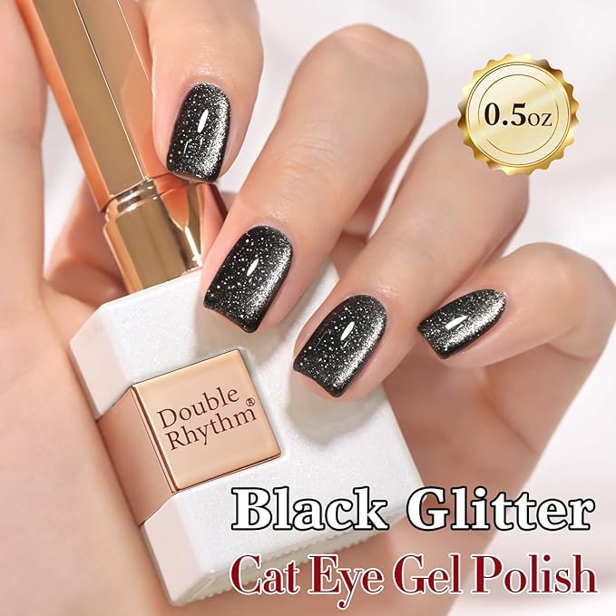 Double Rhythm Jelly Glass Cat Eye Gel Polish with Magnet 15ML Holographic Glitter Shimmer Translucent Sheer Color Magnetic Nail Polish Salon DIY at Home (Black Glitter-MC1061)
