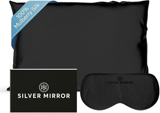 Silk Sleep Essentials Set in Black: Pillowcase and Eye Mask, 25" x 19.5" Fits Standard Queen Pillow, 22mm 6A Grade, for Gentle Sleep, Anti-Breakage, Tangles, Creases, and Wrinkles
