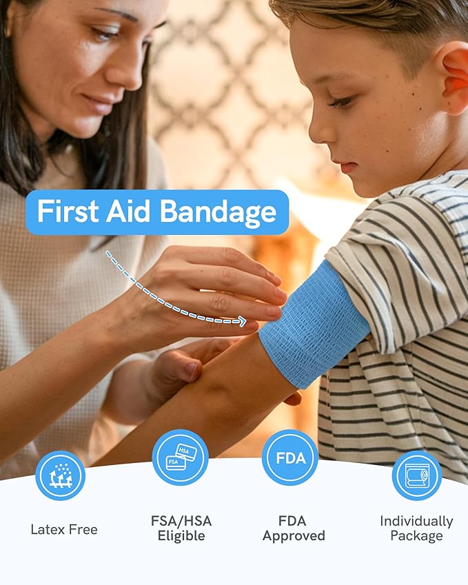 FriCARE Self Adhesive Bandage Wrap, Medical Tape in First Aid Kit, Cohesive Bandages for Wounds Sport Vet, 2 Inches X 5 Yards 6 Rolls, Ocean