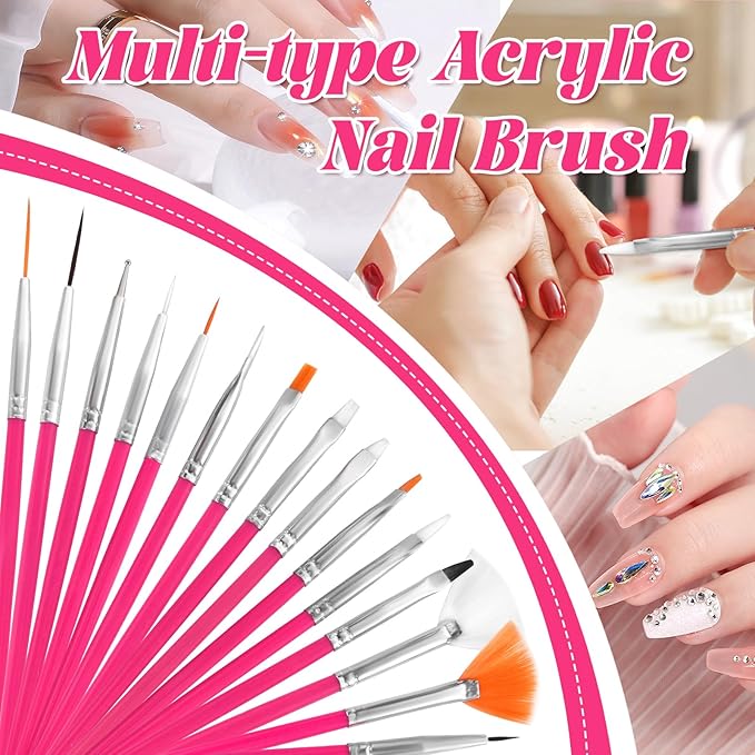 Nail Art Tools Kit with 15 Nail Art Brushes, 5 Dotting Tools, Nail Stand for Press-on, Nail Design Tools for Salon & DIY Home Manicure (Rose Red)