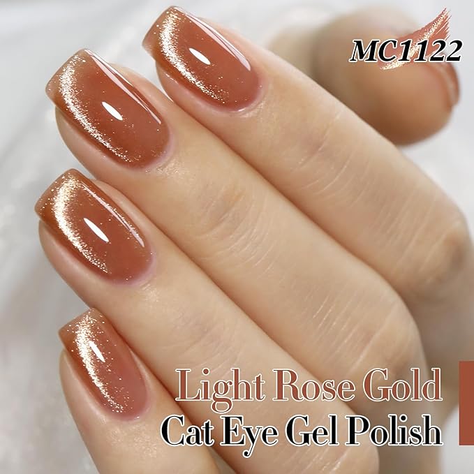 Double Rhythm 15ML Ice Glass Cat Eye Gel Polish with Magnet Holographic Glitter Shimmer Translucent Sheer Color Salon Soak Off Magnetic Nail at Home (Pink Gold-MC1122)