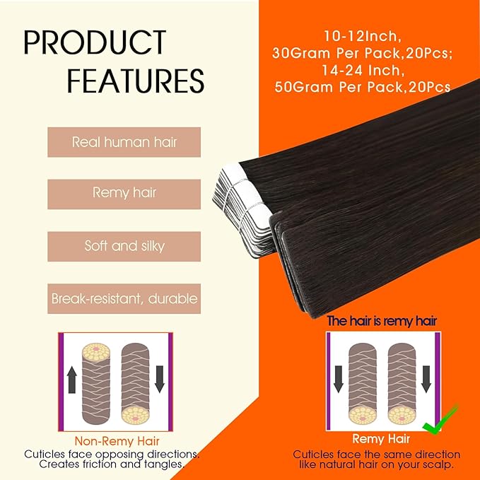 Full Shine Injection Tape ins Human Hair Extensions Injected Tape in Extensions Color 2 Brown Straight Brazilian Extension Seamless Remy Silky Skin Weft 24Inch 50Gram 20Pcs for Wedding