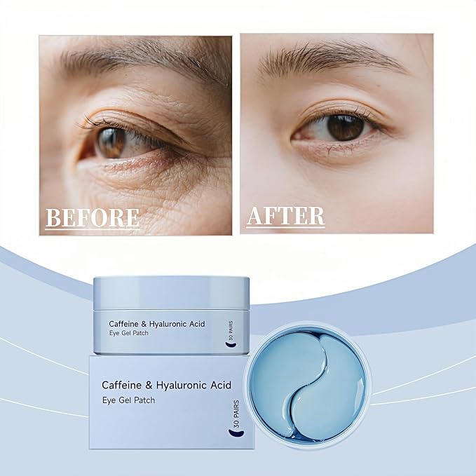 Caffeine Under Eye Patches,60 Korean Hydrogel Masks to Reduce Dark Circles, Puffiness & Bags-Morning Brightening Hydrating Cooling with Hyaluronic Acid-Vegan, No Fragrance