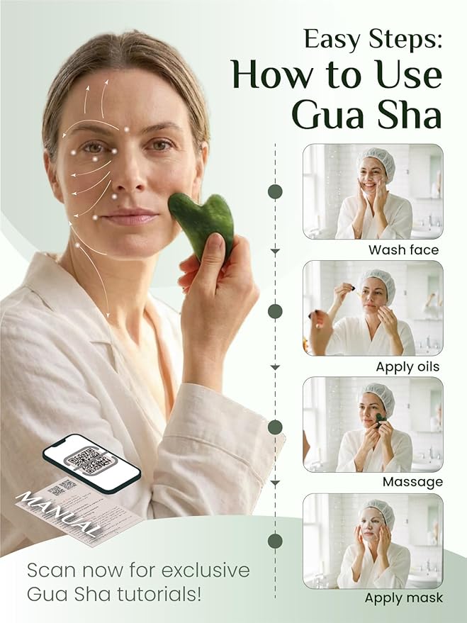 Rena Chris Gua Sha Facial Tools, Natural Jade Stone Guasha Tool for Face Massage - Face Sculpting Tool for Jawline Sculpting, Puffiness Reduction and Skincare Routine with Travel Pouch