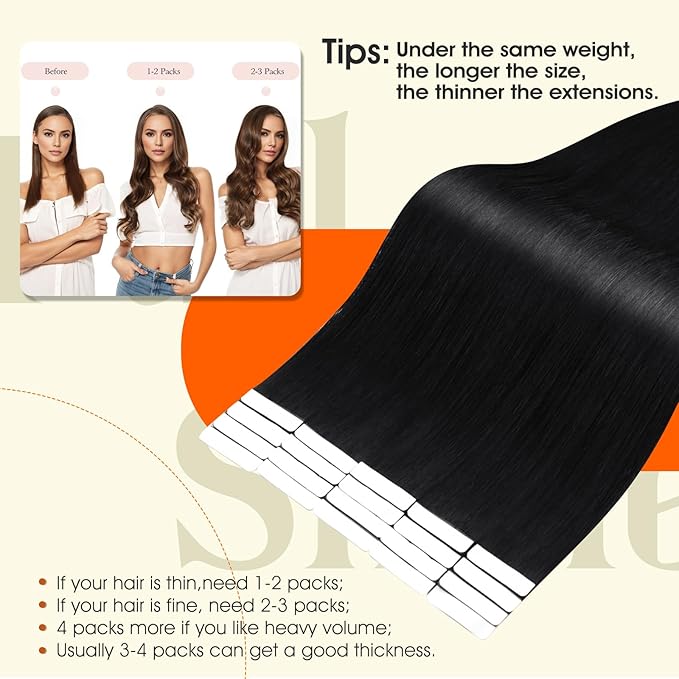 Full Shine Remy Hair Extensions Human Hair Color 1 Black Injected Tape in Extensions 18Inch Injection Invisible Skin Weft 50Gram Intact Tape ins 20Pcs Brazilian Straight