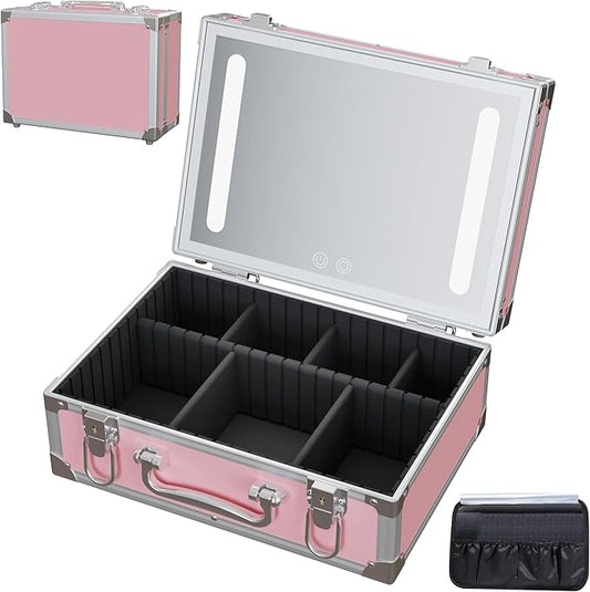 Travel Makeup Case with LED Mirror - Hard Shell Pink Travel Makeup Bag with Mirror - Portable Makeup Organizer with Mirror, Vanity Case for Cosmetics, Adjustable Divider