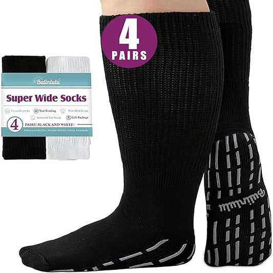 Bulinlulu Extra Width Socks for Swollen Feet-4 Pairs Hospital Grip Socks,Bariatric Socks,Diabetic Socks for Women Men 13-15