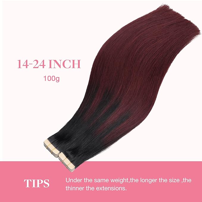 GOO GOO Tape in Hair Extensions Human Hair, 1/99 Balayage Jet Black to Red, 10inch 60g 40pcs, Skin Weft Seamless Invisible, Silky Straight with Thick Ends, Remy Human Hair