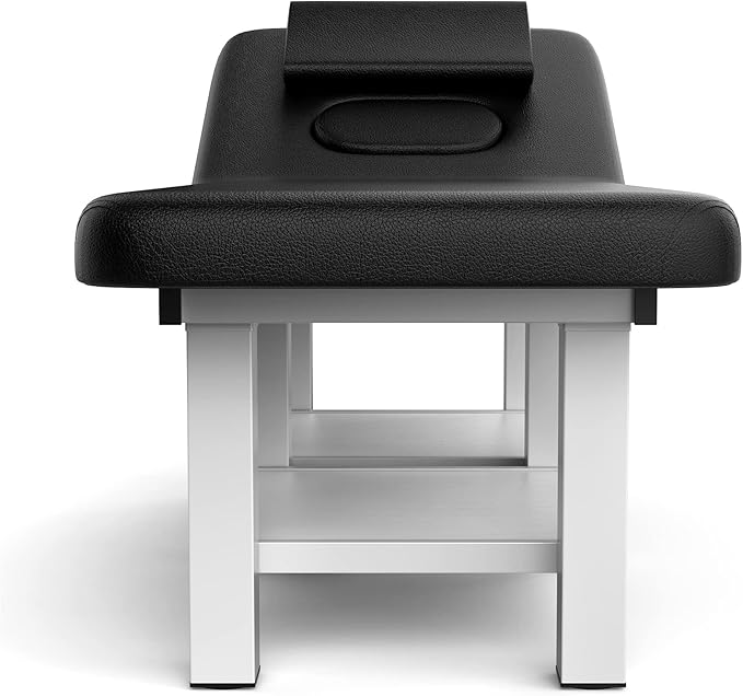 pouseayar Stationary Massage Table with Backrest and Storage Space for Treatment Table Physical Therapy Table Spa Facial Bed, 6 Square Legs Metal Frame PU Leather, 31.5'' Wide × 75'' Long - Black