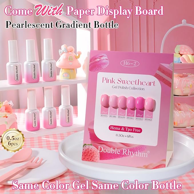 Double Rhythm 6 Pcs Hema Free Gel Polish Set 0.50 OZ Same Color Same Bottle Soak Off Neutral Natural Milky Gel Polish Kit Nail Art Manicure Salon DIY at Home (Peach Pink Rose-H6-2)