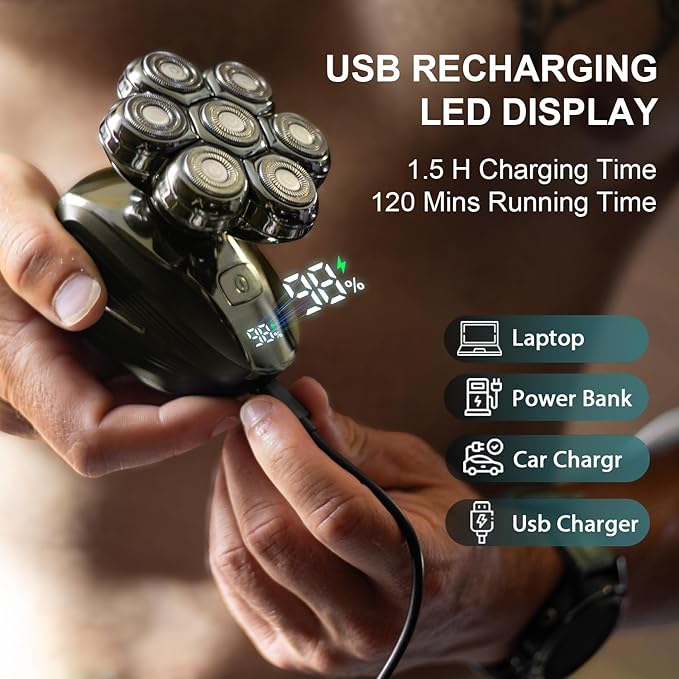 Head Shavers for Bald Men: Upgraded Detachable Head Shaver - IPX7 Waterproof Wet or Dry Electric Razor for Men - 7D LED Display Rechargeable Shaving Grooming Kit with Type-C Charge (Dark Coffee)