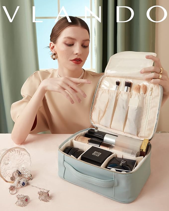 Vlando Makeup Bag, Travel Makeup Bags,Large Portable Make Up Bag Organzier with Dividers and Handle Gifts for Women Girls,Traveler,Christmas,Wedding Blue