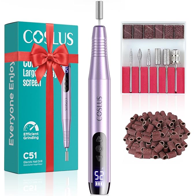 COSLUS Electric Cordless Nail Drill: Professional Nail File with LED Screen & 25 Speeds for Acrylic Gel Dip Powder Removal, Beginner-Friendly for Home DIY & Salon, Portable for Travel, C51, Purple