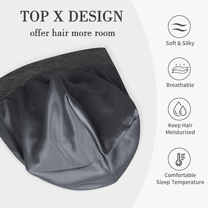 Fittia Satin Hair Bonnet for Sleeping, Silky No Frizzy for Curls Care, Adjustable Strap for Non-Slip, Dreadlocks Cap for Women&Men Grey