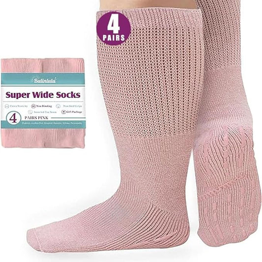 Bulinlulu Extra Width Socks for Swollen Feet-4 Pairs Hospital Grip Socks,Bariatric Socks,Diabetic Socks for Women Men 13-15