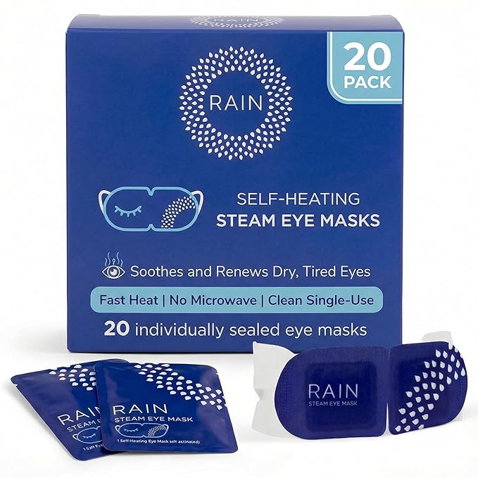 Rain Self Heating Steam Eye Mask for Dry Eyes - Warming Eye Compress with Moist Heat Therapy - Disposable Hot Compress Relief for Stye Treatment, Eye Fatigue & Dry Eye Relief (20 Pack)