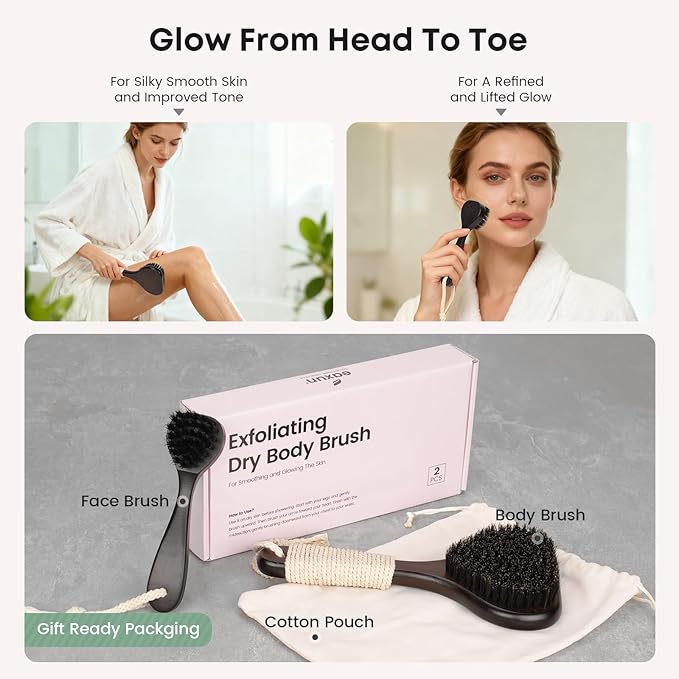 Bamboo Dry Brushing Set with Body and Face Brush, Dry Scrub Brush with Exfoliating Natural Boar Bristle for Lymphatic Drainage, Cellulite Reduction, Blood Circulation and Glowing Skin, 2 Pack