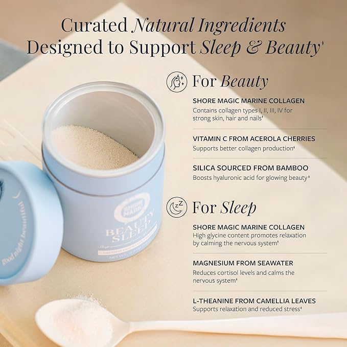 Shore Magic Beauty Sleep with Premium Marine Collagen – Hydrolyzed Type I-IV Peptides with Magnesium & L-Theanine, Promotes Relaxation & Restful Sleep, Orange-Vanilla Flavor, Sugar-Free,Melatonin-Free