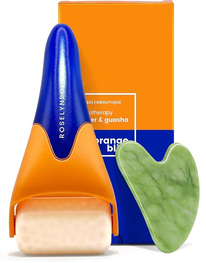 ROSELYNBOUTIQUE Ice Roller for Face &Gua Sha Facial Tools - Fine Lines Puffiness Facial Massager Skin Care Tools Self Care Gifts for Men Women (Orange Blue)