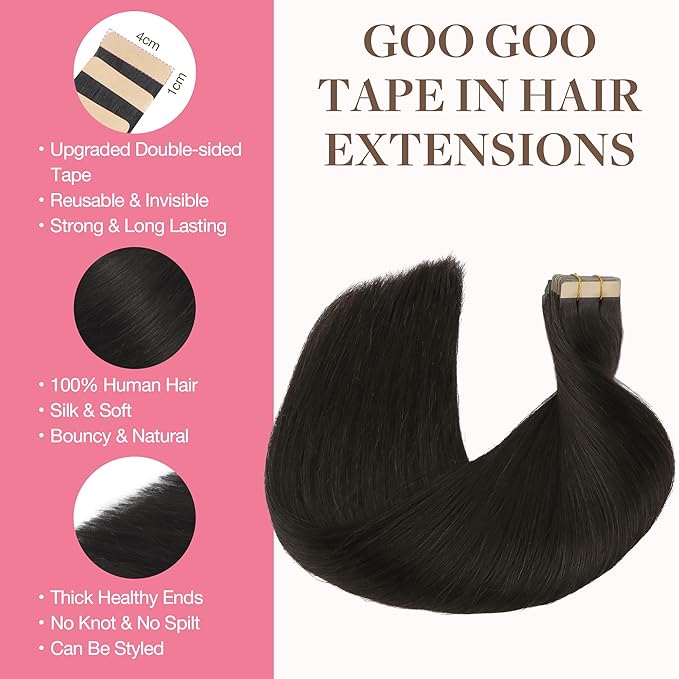 GOO GOO Tape in Hair Extensions Human Hair, 1B Natural black, 14inch 25g 10pcs, Skin Weft Seamless Invisible, Silky Straight with Thick Ends, Remy Human Hair