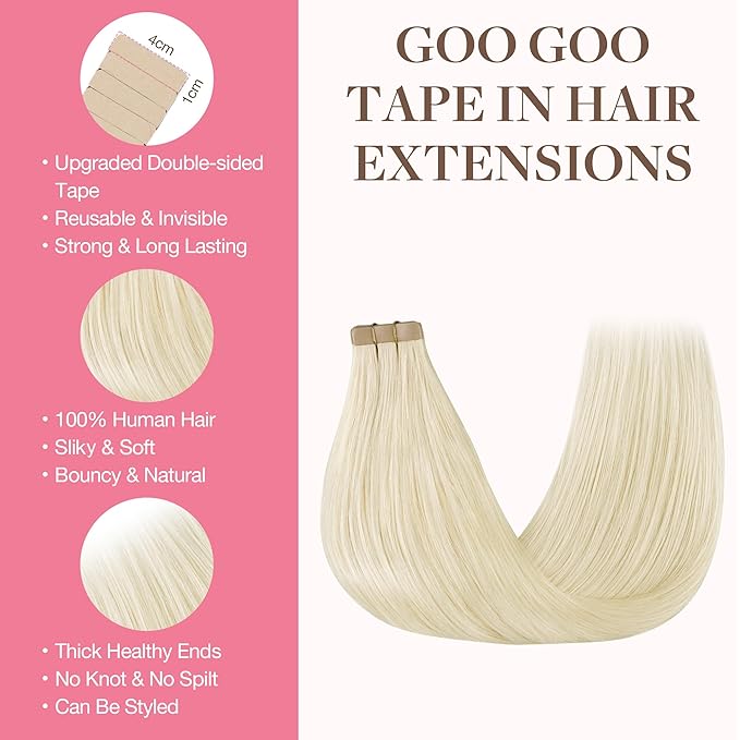 GOO GOO Tape in Hair Extensions Human Hair, 1000 Pure Platinum Blonde, 18inch 50g 20pcs, Skin Weft Seamless Invisible, Silky Straight with Thick Ends, Remy Human Hair