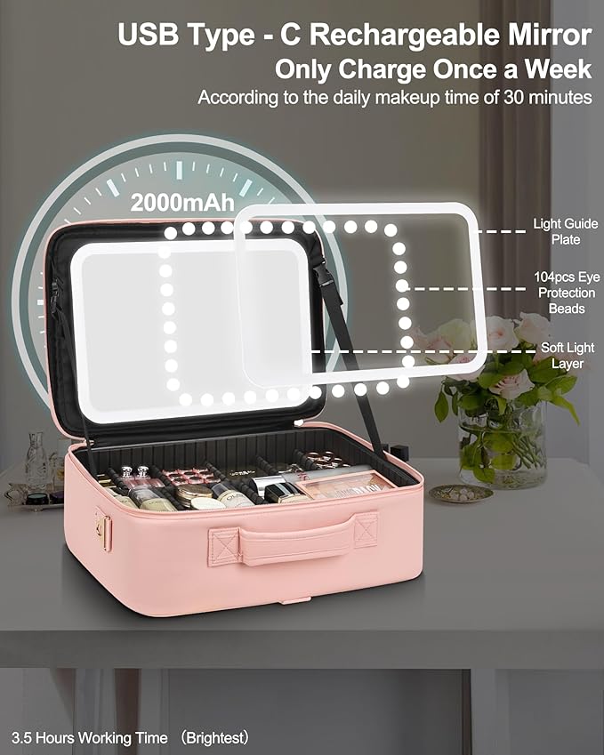Relavel Makeup Bag with LED Mirror, 16.2 inches Large Professional Makeup Case for Makeup Artists, Travel Portable Cosmetic Organizer Storage Box, Vanity Case with 3 Colors Lighted Mirror, Pink
