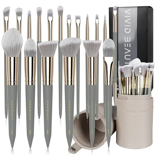 Makeup Brush Set, 18 Pcs Make up Brushes for Face and Eye with Travel Case – Natural Wood Handles – Unique Pointed Design, Makeup Brushes for Professional & Beginner Makeup Lovers (Gray)