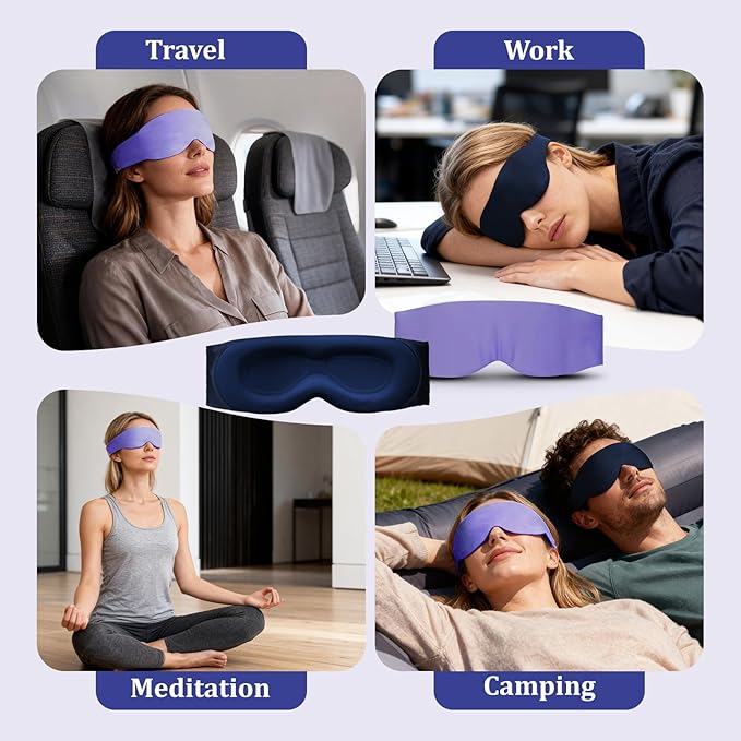 Silk Sleep Mask for Women & Men - 2 Pack Eye Masks for Sleep, 100% Blackout Sleeping Mask, 3D Zero Pressure Side Sleeper Night Blindfold Eye Cover for Travel Nap Couple (Purple & Blue)
