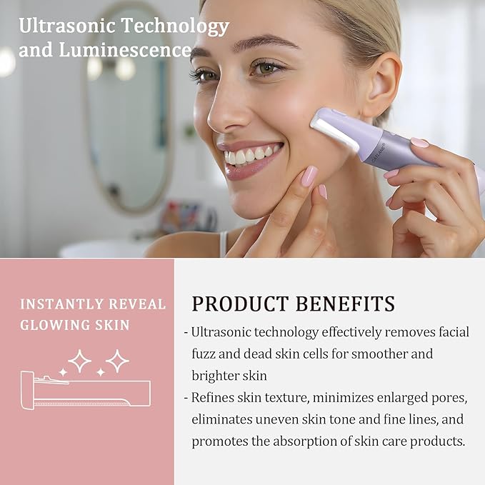 Dermaplane Razor for Women Face, Dermaplaning Tool for Face, Sonic Exfoliation & Peach Fuzz-Hair Removal System with 10 Dermaplaning Blades, Twilight Purple