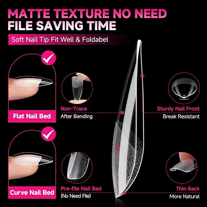 UNA GELLA Long Stiletto Nail Tips 504PCS, Full Cover Pre-Etched Long Stiletto Clear Fake Nails Tips, Sturdy Acrylic Press on Nails, No C Curve Soft Gel Tip for Nail Extension DIY Nail kit 12 Sizes