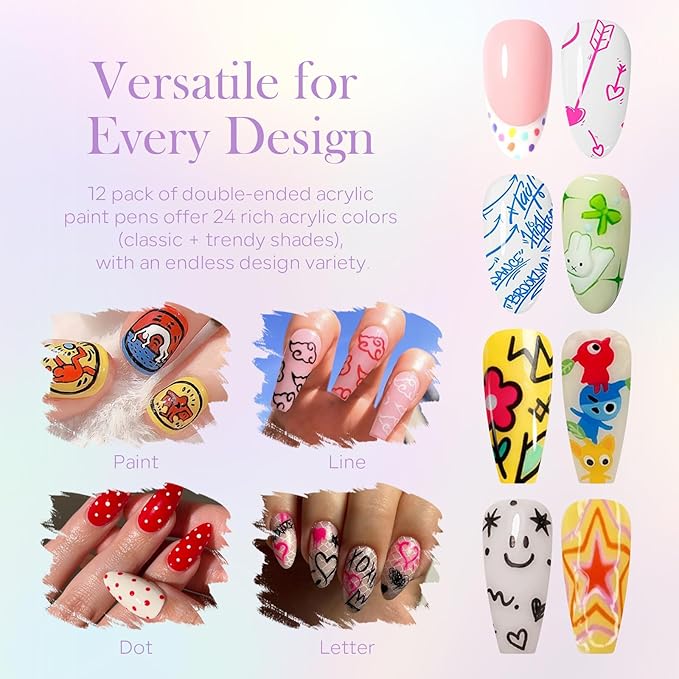 12 Colors Nail Art Pens Set, 0.5 MM Quick Dry Nail Art Markers Acrylic Paint Pens Kit for Graffiti Dotting Drawing Painting Nail Point, Colorful Nail Art Design Decoration Nail DIY Polish Pens