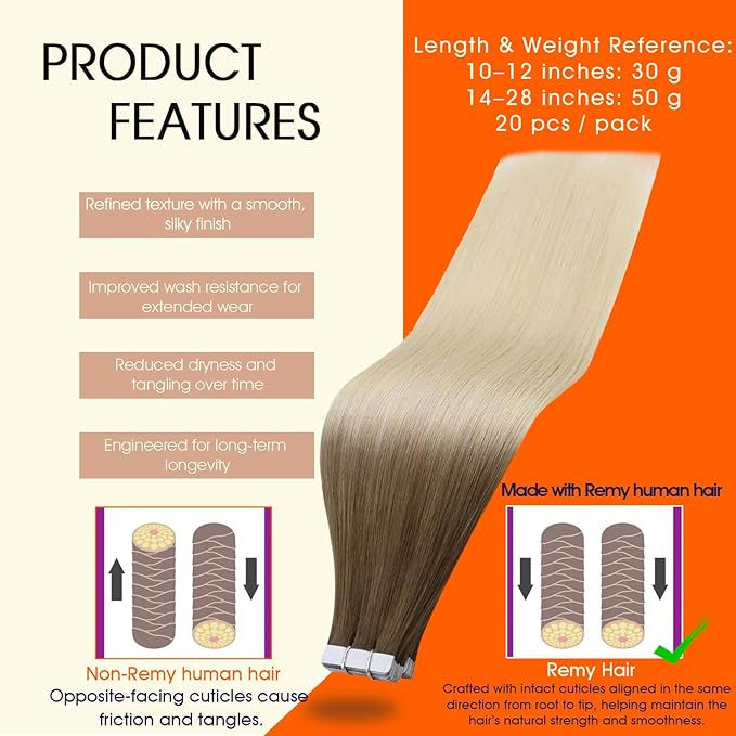 Full Shine Blonde Human Hair Extensions Tape in Color 3 Brown Ombre 8 Ash Brown Highlighted 613 Blonde 16Inch Double Sided Tape in Hair Extensions Human Hair 50G Seamless Remy Hair 20Pcs