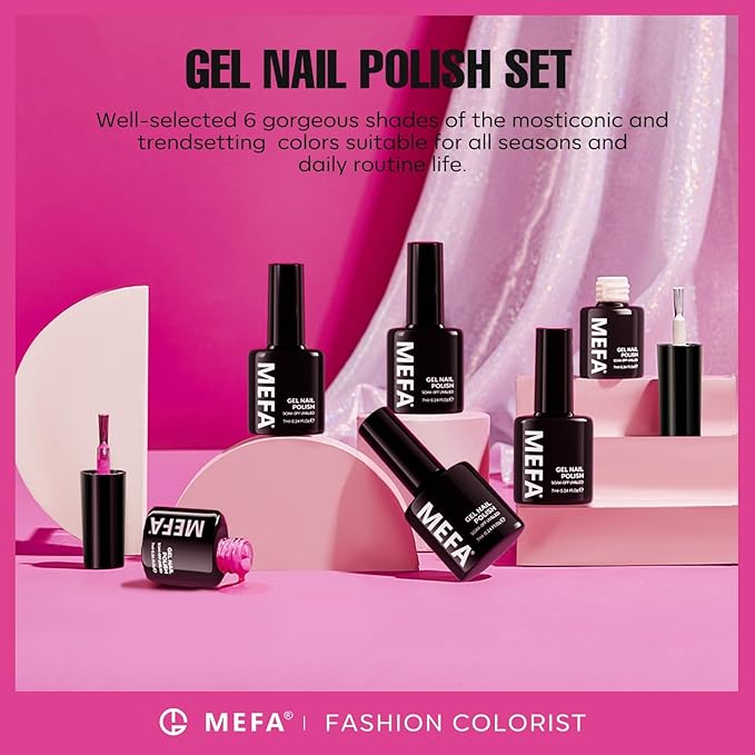 MEFA Pink Gel Nail Polish Set 6 Colors, Hot Pink Valentine's Day Shades Spring Neon Light Bright Magenta Electric Tones Craze Nail Art Design at Home DIY Decorations Manicure Kit Gifts for Women