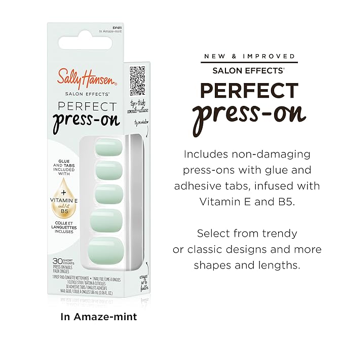 Sally Hansen Salon Effects Perfect Press-On Nails | Sq-oval Shape | Easy to Apply, Non-Damaging| 30 Nails, Nail Glue, Adhesive Tabs, File | In Amaze-Mint