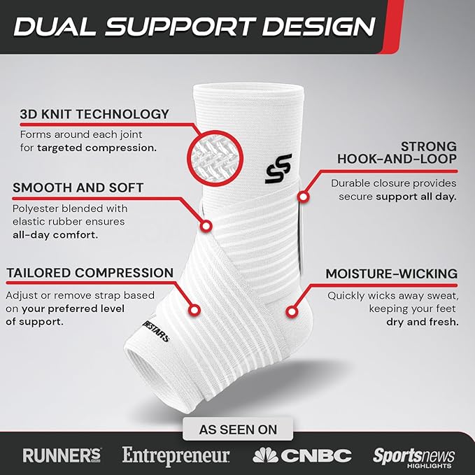Sleeve Stars Ankle Brace for Women & Men, Ankle Wrap for Sprained Ankle, Compression Sleeve for Plantar Fasciitis Relief, Easy Customizable Support: w/Removable Strap (Single/S:9"-10"/White)