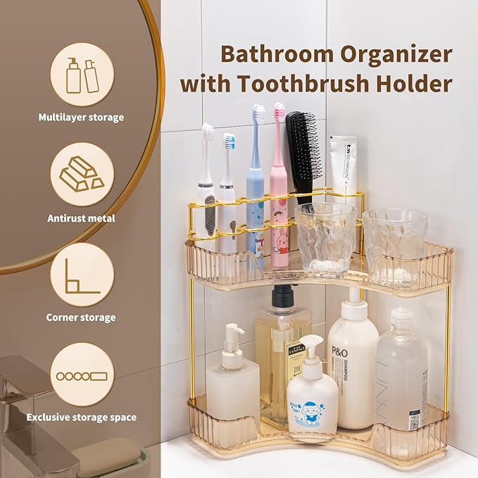 NATURE'S SOURCE Makeup Organizer for Vanity, 2-Tier Corner Bathroom Organizer Countertop with Makeup Brush Holder, Corner Counter Storage for Bathroom Dresser-Amber Gold