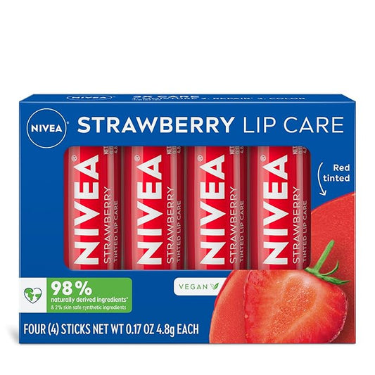 NIVEA Strawberry Lip Care, Red Tinted Lip Balm Pack with Shea Butter, Nourishing Oils and Vitamin C & E, 3-in-1 Moisture, Repair and Color, 0.17 Oz Stick, Pack of 4