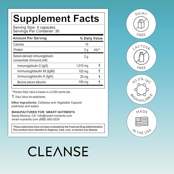 CLEANSE | IgG Dairy-Free Colostrum | 50.5% IgG Potent Concentrated Immune Support | Daily Gut Health Detox, Energy, Prebiotics, Digestive Support | 120 Capsules | 30 Day Supply, 1-Pack
