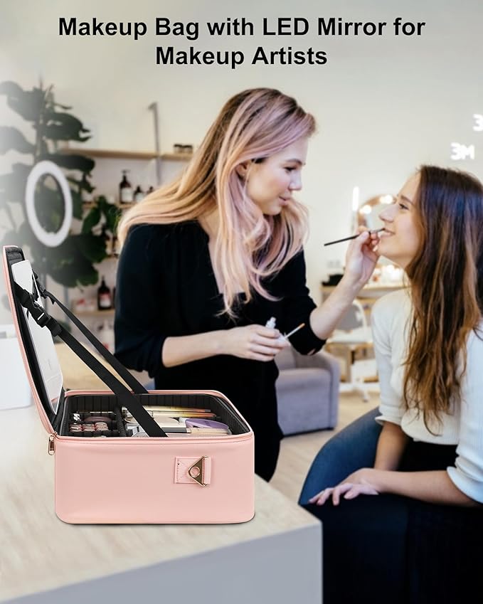 Relavel Makeup Bag with LED Mirror, 16.2 inches Large Professional Makeup Case for Makeup Artists, Travel Portable Cosmetic Organizer Storage Box, Vanity Case with 3 Colors Lighted Mirror, Pink