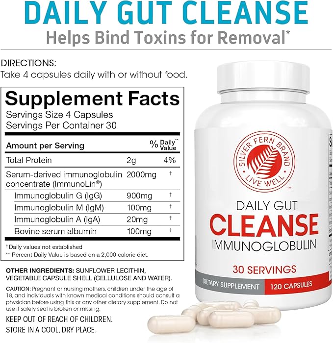 Silver Fern Cleanse - Daily Gut - 1 Bottle - 120 Capsules - 30 Day Supply - Immunoglobulin G, A & M -(IgG, IGA, IgM) - Postbiotic
