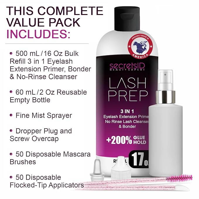 3 in 1 Eyelash Extension Primer Bulk 16 Oz - No Rinse Lash Cleanser and Bonder - Made in America Kit with 100 Wands for Lash Technicians and Brow Stylists for Optimal Retention - Bubble Gum Scent