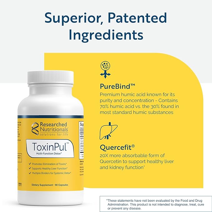 Researched Nutritionals ToxinPul - Kidney & Liver Cleanse Detox & Repair - Multi-Binder Formula with Humic Acid, Chlorella & Quercetin for Heavy Metals, Glyphosate & Toxin Removal (90 ct)