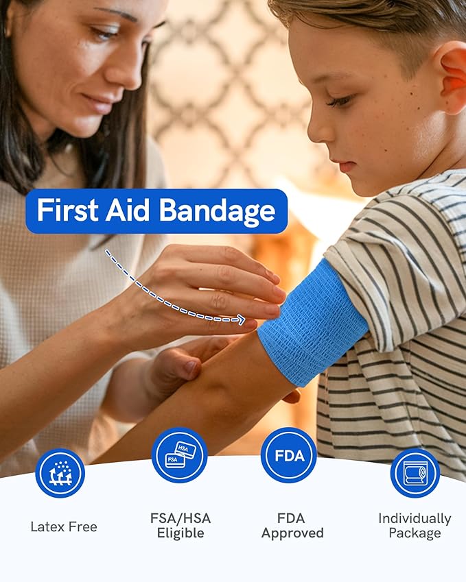 FriCARE Self Adhesive Bandage Wrap, Medical Tape in First Aid Kit, Cohesive Bandages for Wounds Sport Vet, 2 Inches X 5 Yards 12 Rolls, Energetic