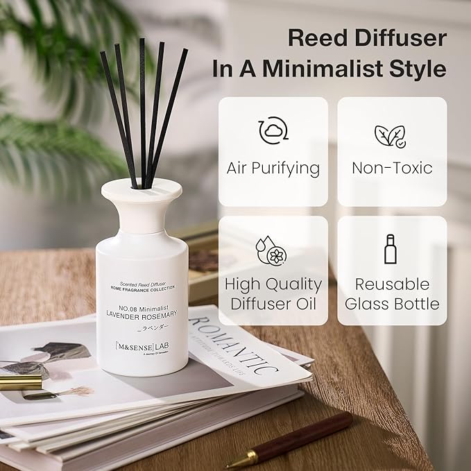 M&SENSE Reed Diffuser Set, 10.14 fl oz Large Reed Diffuser, Lavender Rosemary Scented with Natural Essential Oils, Long Lasting with 7 Sticks, Non-Toxic Home Fragrance Reed Diffuser for Bedroom